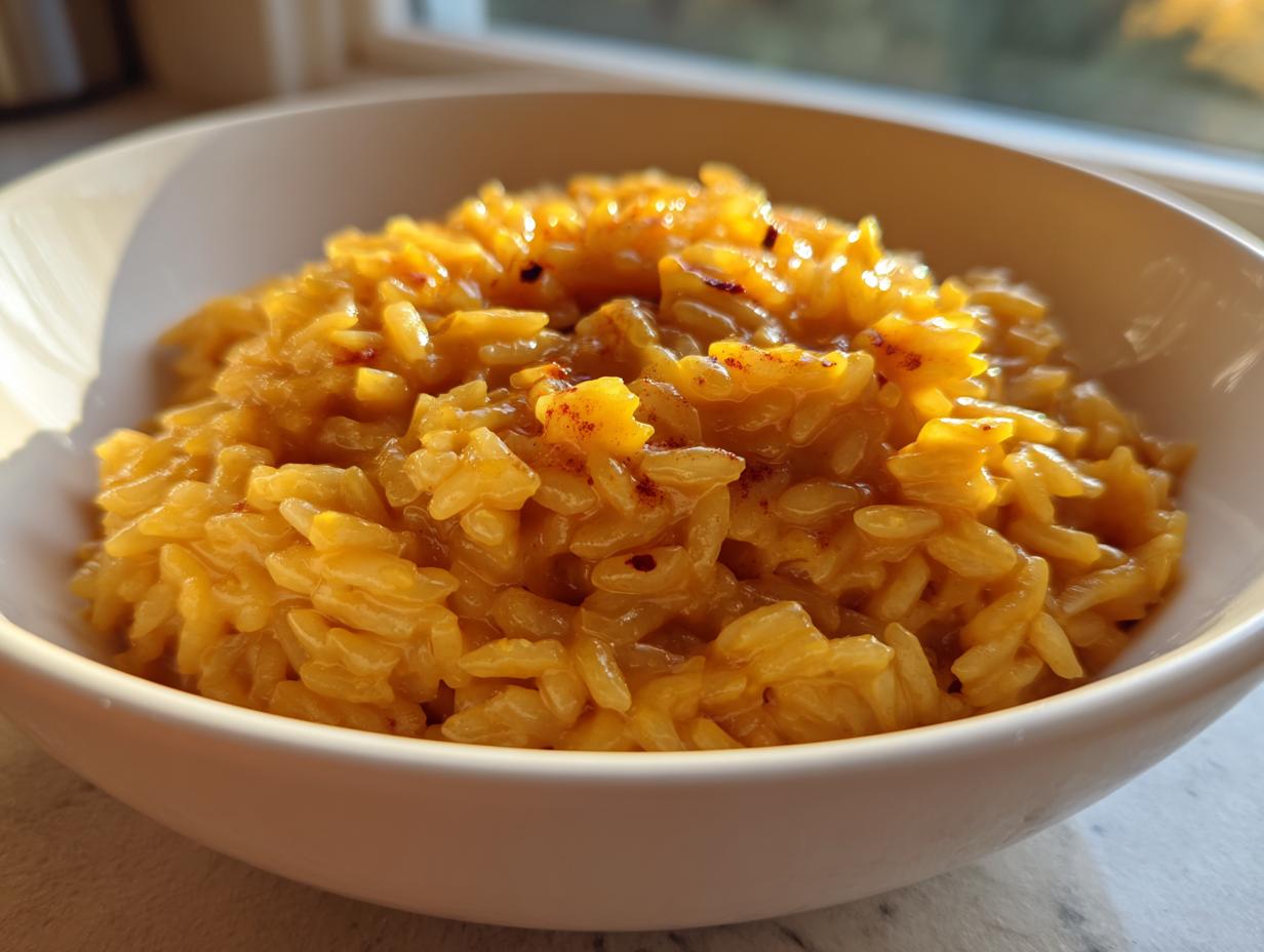 Zbliżenie na kremowe, pomarańczowe risotto z dyni podane w białej misce.