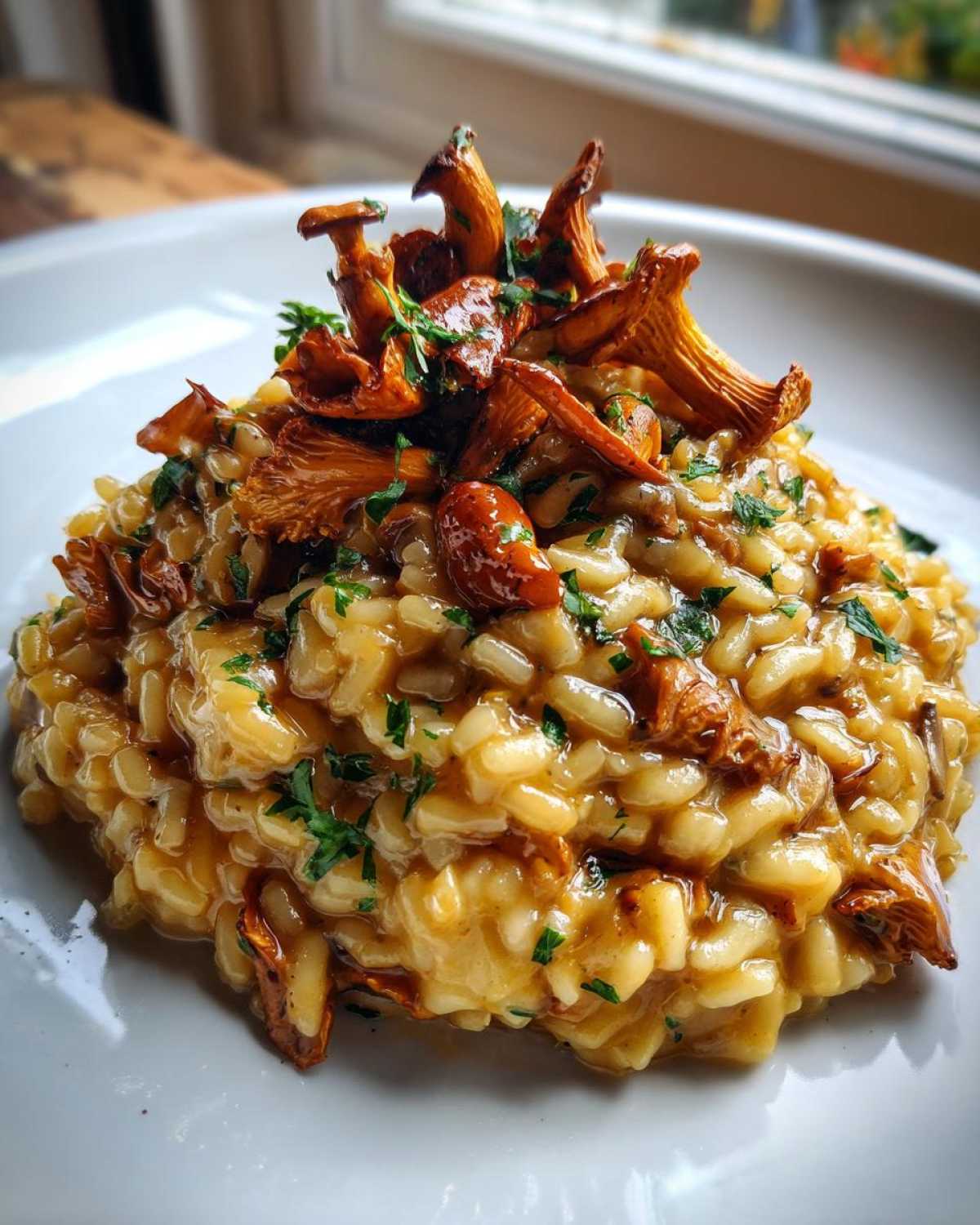 Kremowe risotto z kurek udekorowane świeżymi kurkami i posiekaną natką pietruszki na białym talerzu.