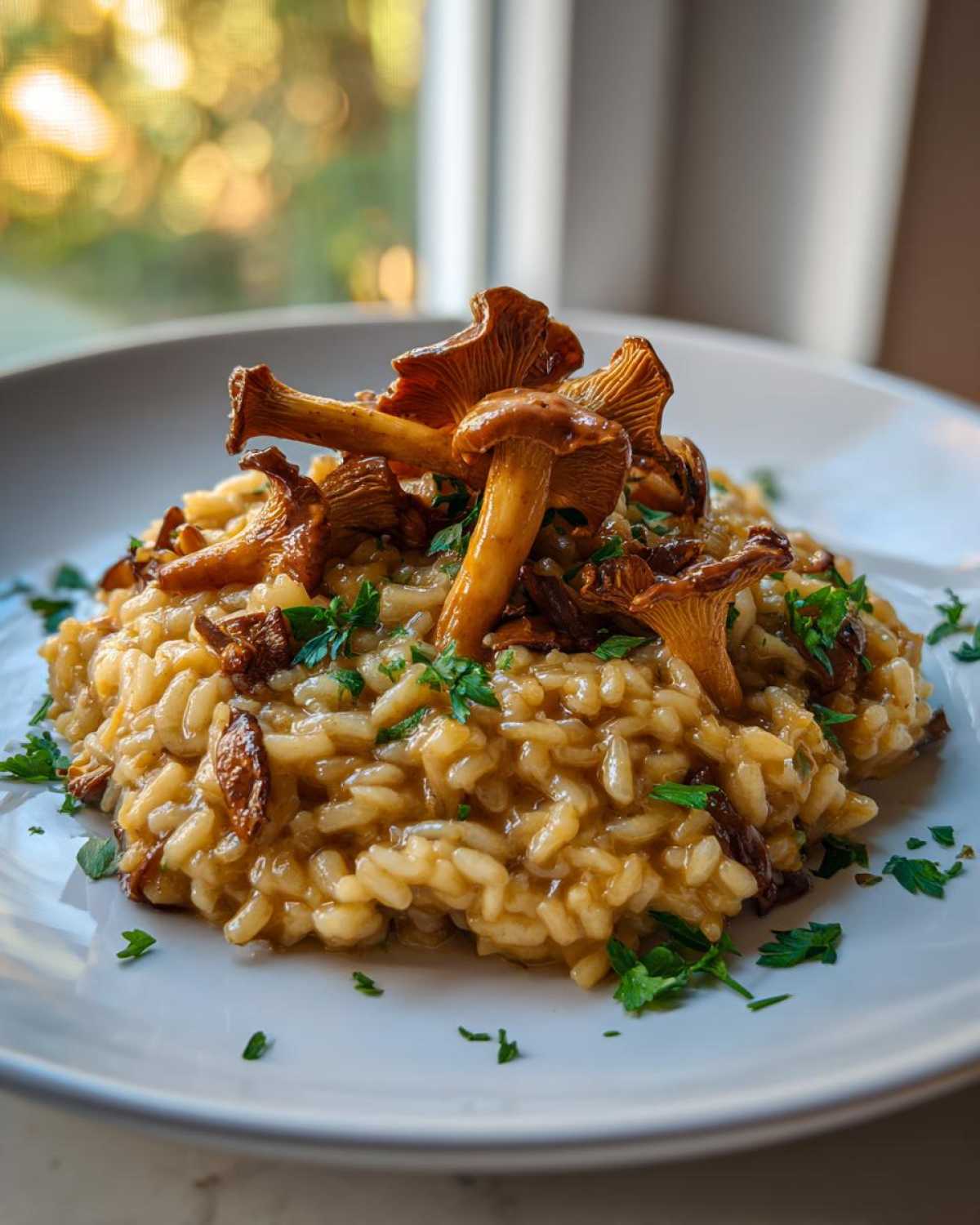 Zbliżenie na kremowe risotto z kurek, zwieńczone całymi, podsmażonymi kurkami i posypane natką pietruszki.