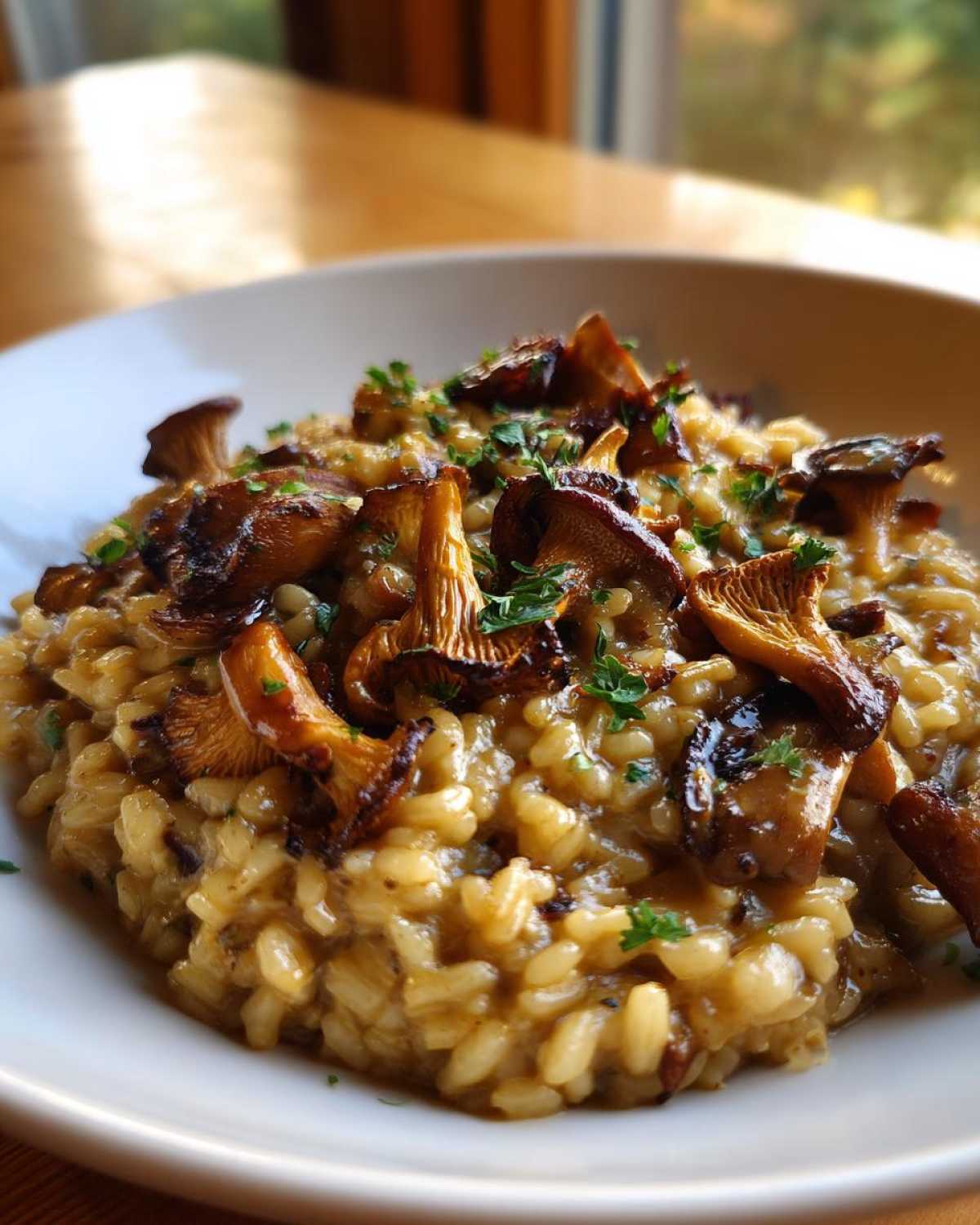 Zbliżenie na kremowe risotto z kurek, udekorowane smażonymi kurkami i posiekaną natką pietruszki.