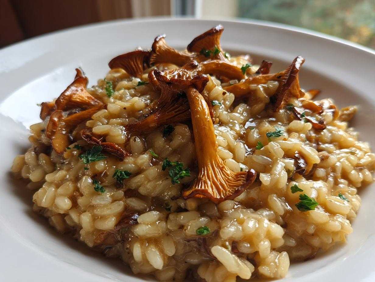 Zbliżenie na kremowe risotto z kurek, udekorowane całymi kurkami i posiekaną natką pietruszki.
