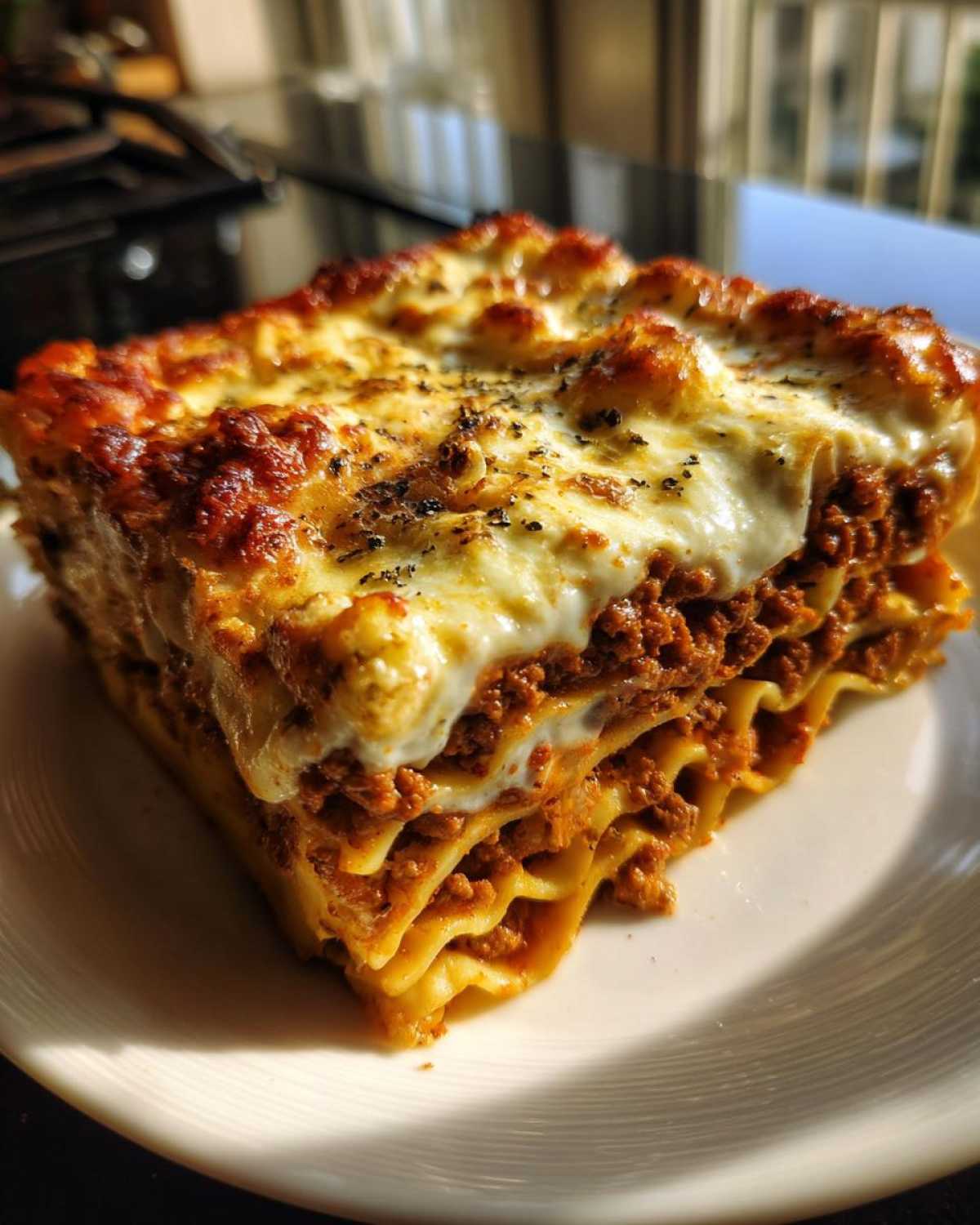 Kawałek lasagne z mięsem mielonym, zrumieniony ser i makaron.