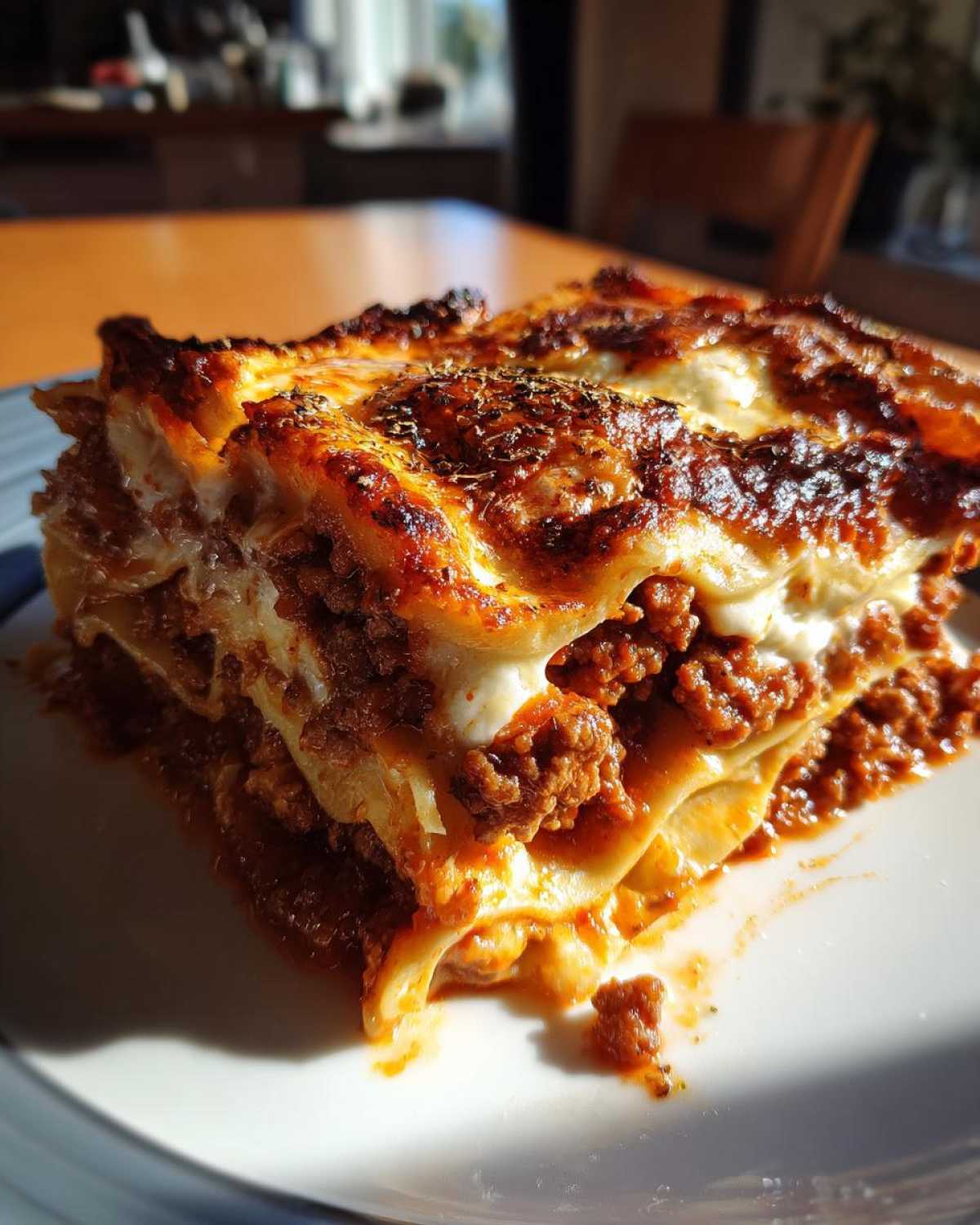 Kawałek lasagne z mięsem mielonym, z warstwami makaronu, sosu bolońskiego i sera.