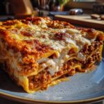 Kawałek lasagne z mięsem mielonym na talerzu, z widocznymi warstwami makaronu, sosu mięsnego i beszamelu, posypana ziołami.
