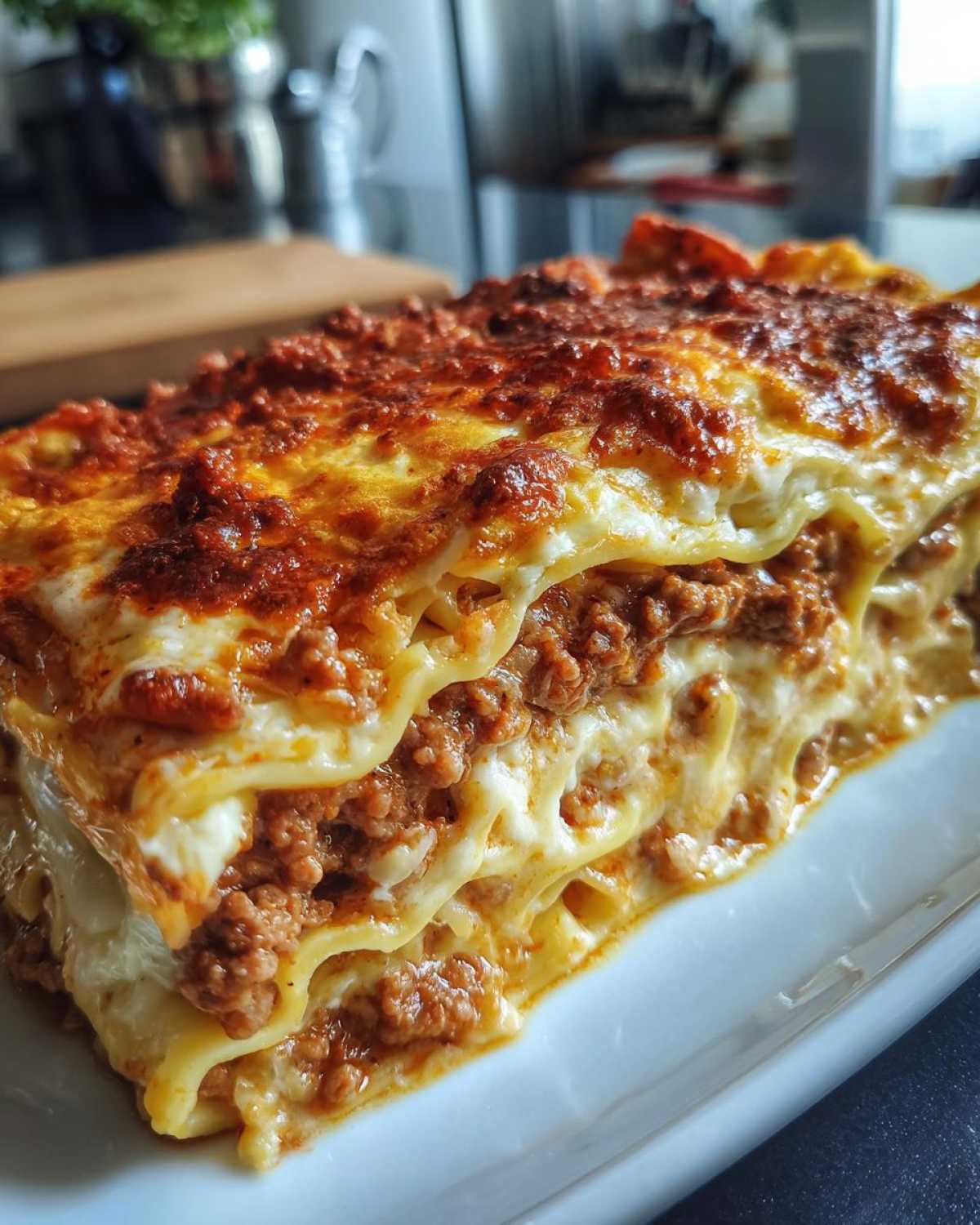 Zbliżenie na kawałek lasagne z mięsem mielonym, z widocznymi warstwami makaronu, sosu mięsnego i sera.