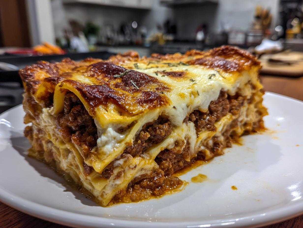 Kawałek lasagne z mięsem mielonym na białym talerzu, z widocznymi warstwami makaronu, sosu mięsnego i sera.
