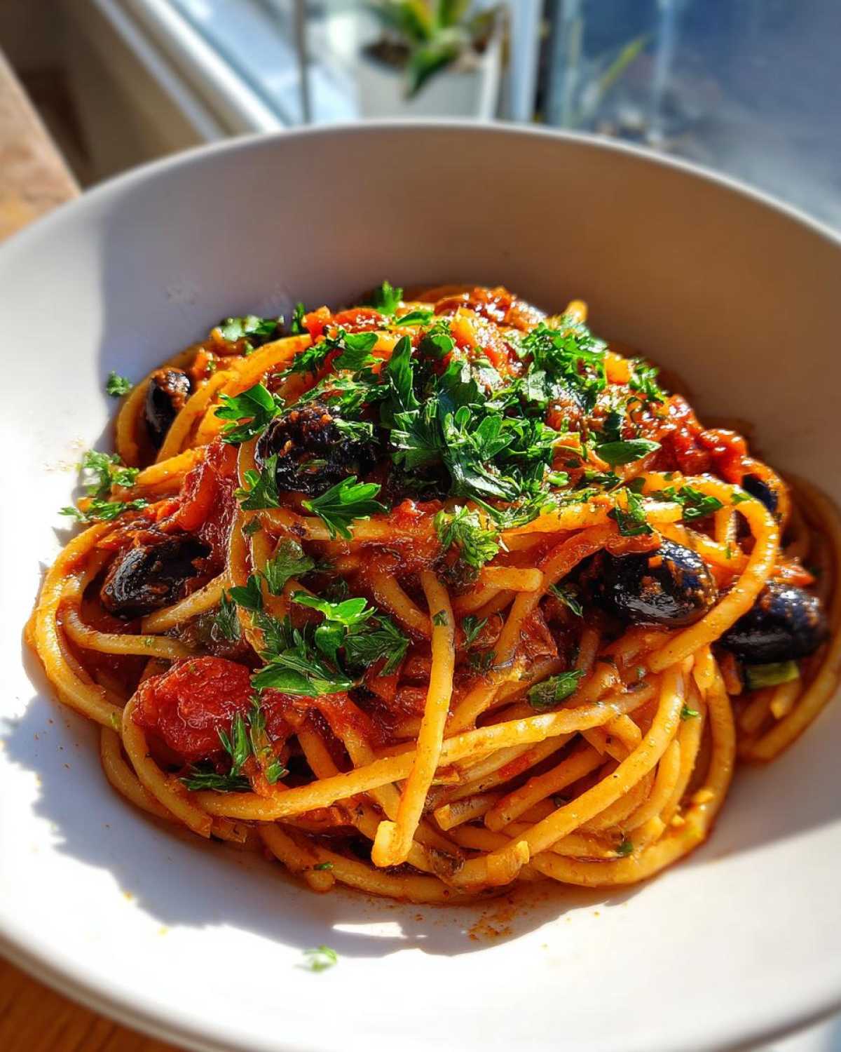 Zbliżenie na miskę pełną makaronu pasta puttanesca z sosem pomidorowym, czarnymi oliwkami i świeżą pietruszką.