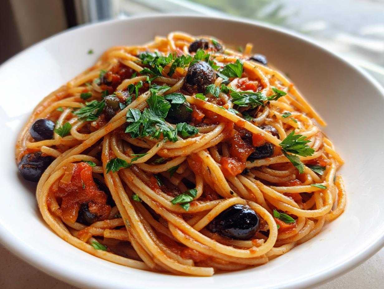 Zbliżenie na miskę makaronu pasta puttanesca z sosem pomidorowym, czarnymi oliwkami i natką pietruszki.