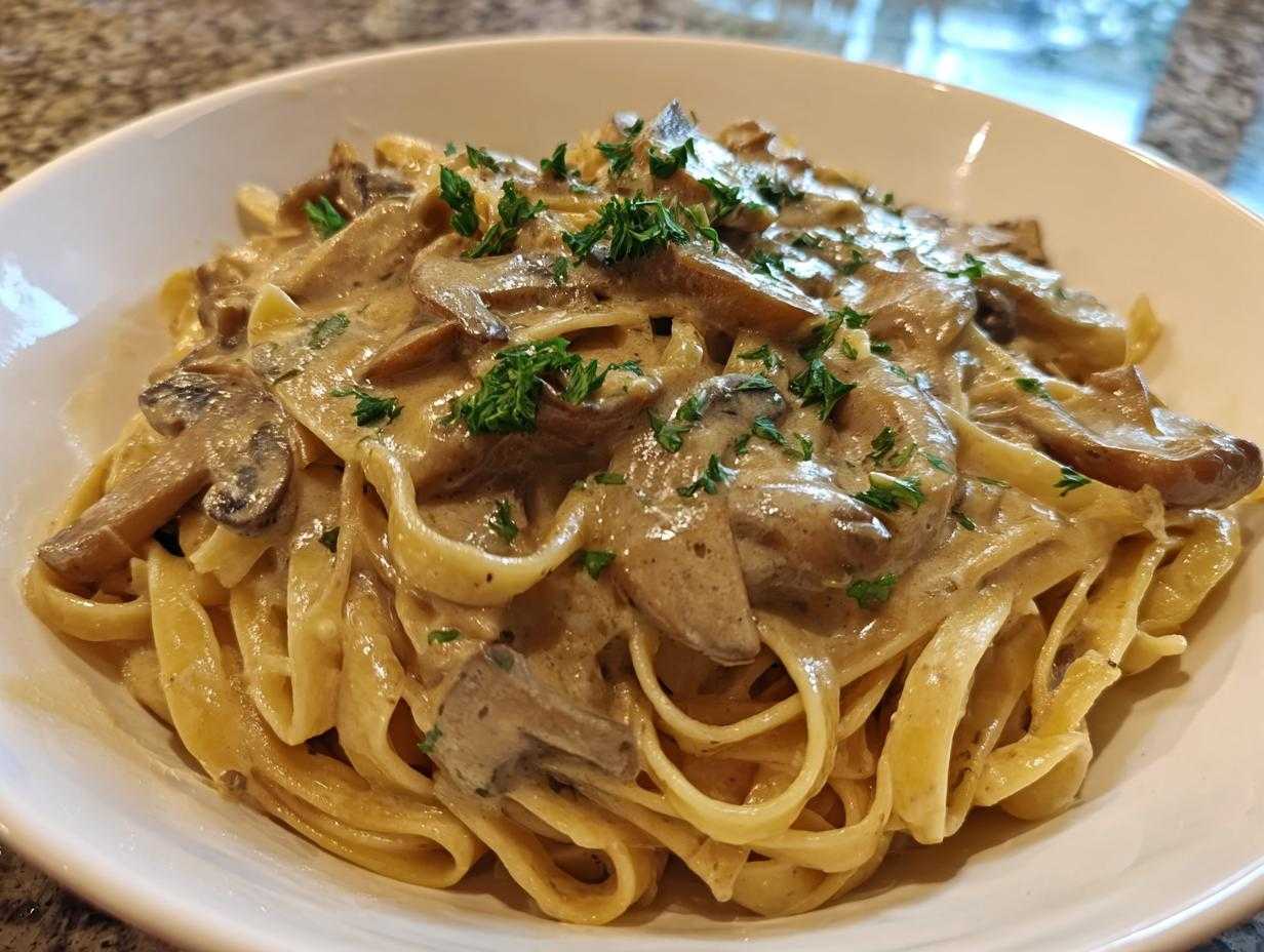 Zbliżenie na talerz pełen makaronu tagliatelle polanego gęstym, kremowym sosem grzybowym i posypanego pietruszką.