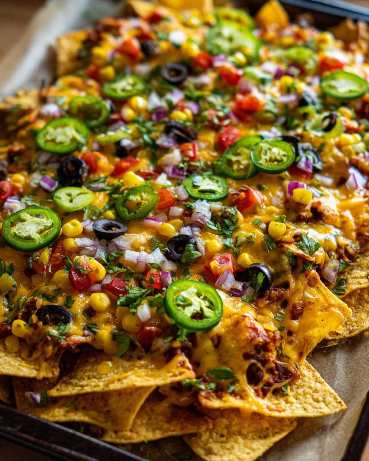 Zbliżenie na pyszne nachosy zapiekane z serem, jalapeno, kukurydzą i czarnymi oliwkami.