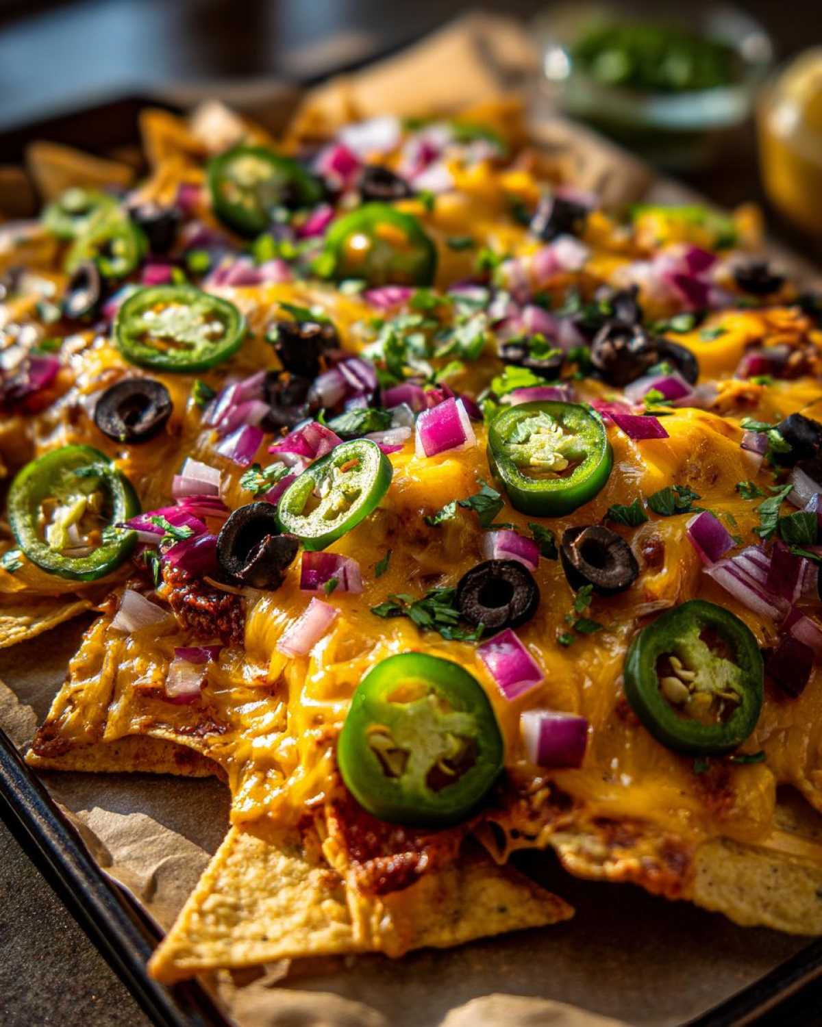 Zbliżenie na nachosy zapiekane z serem, posypane jalapeño, czarnymi oliwkami i czerwoną cebulą.