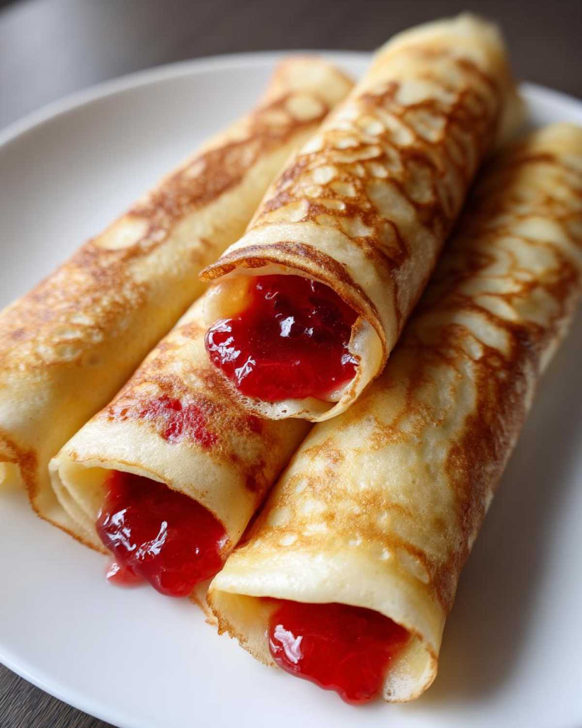 Zbliżenie na trzy zwinięte naleśniki z dżemem, widoczny jest intensywnie czerwony dżem w środku. Idealne naleśniki z dżemem.