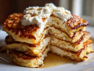 Stos puszystych pancakes z twarogiem przełożonych serem i polanych syropem.