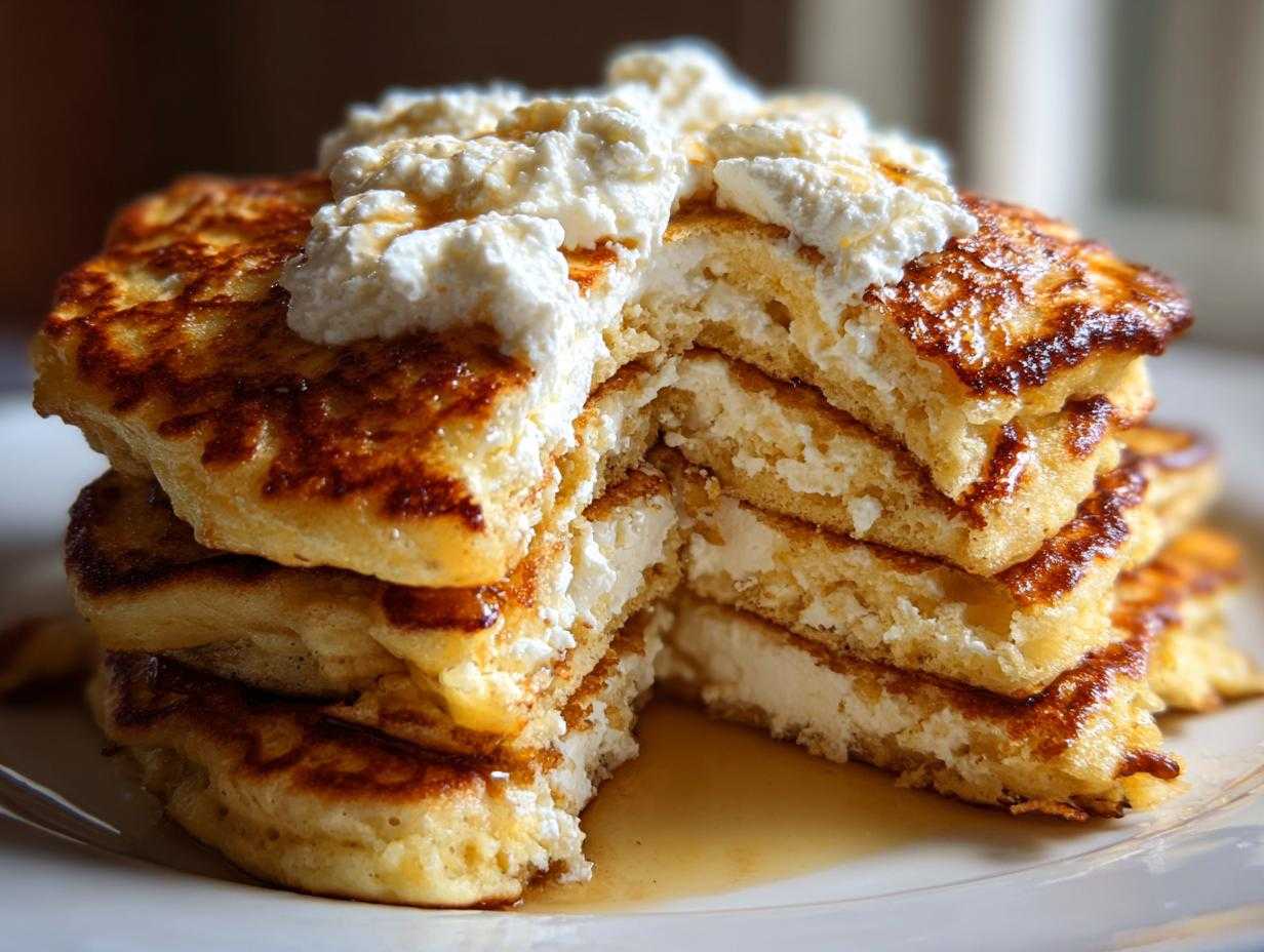 Stos puszystych pancakes z twarogiem przełożonych serem i polanych syropem.