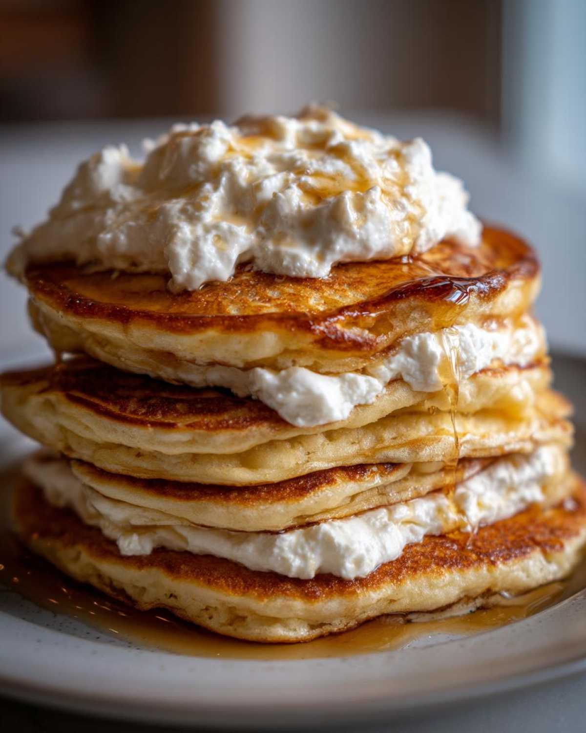 Zbliżenie na stos puszystych pancakes z twarogiem i polewą miodową, idealne na śniadanie.