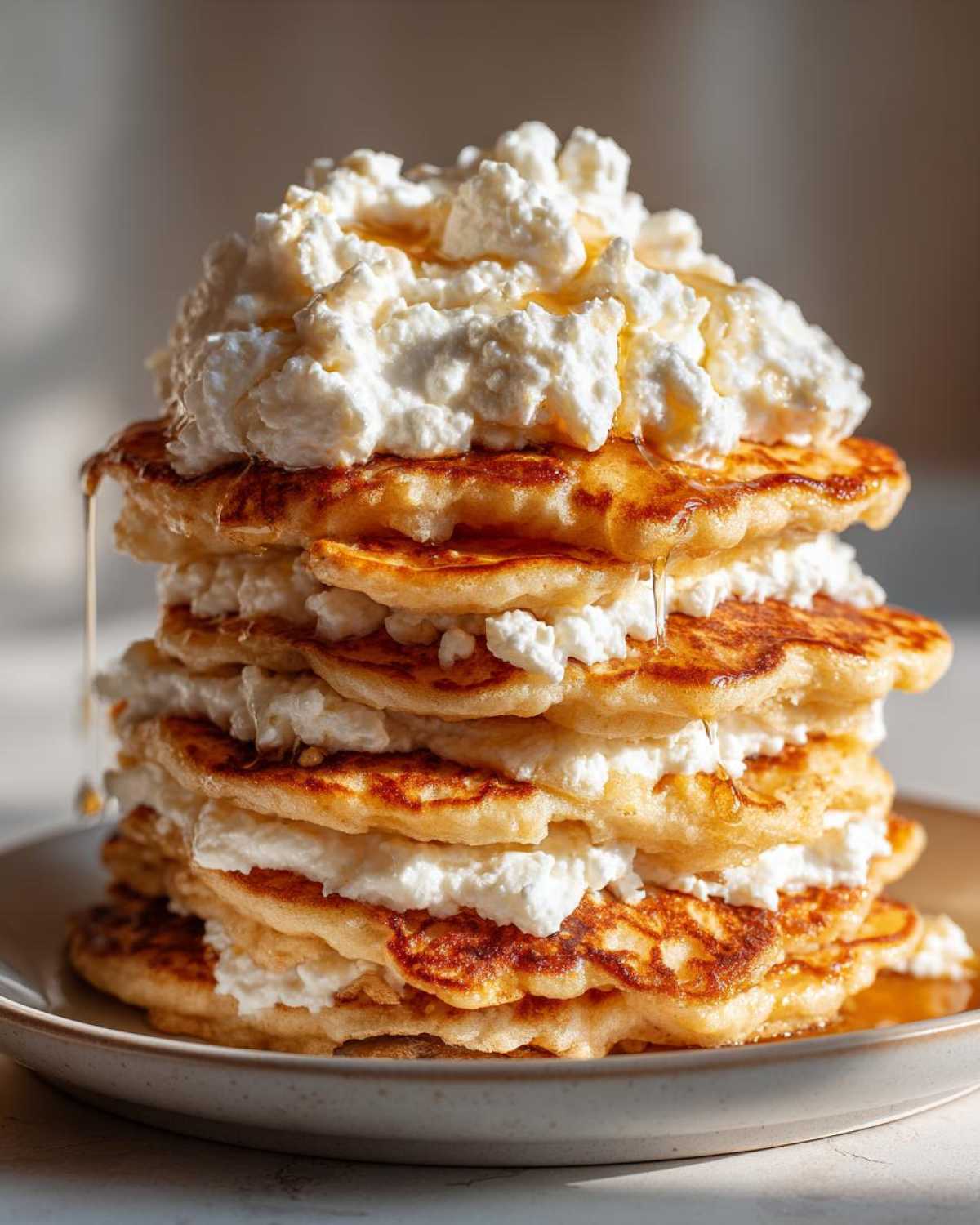 Stos puszystych pancakes z twarogiem i miodem, idealne na śniadanie.
