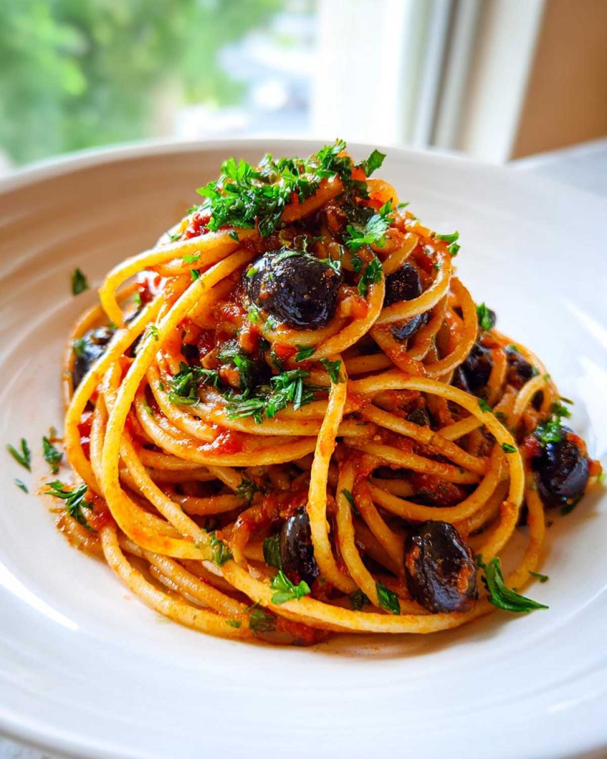 Porcja makaronu spaghetti w sosie pomidorowym z czarnymi oliwkami, czyli klasyczna pasta puttanesca.