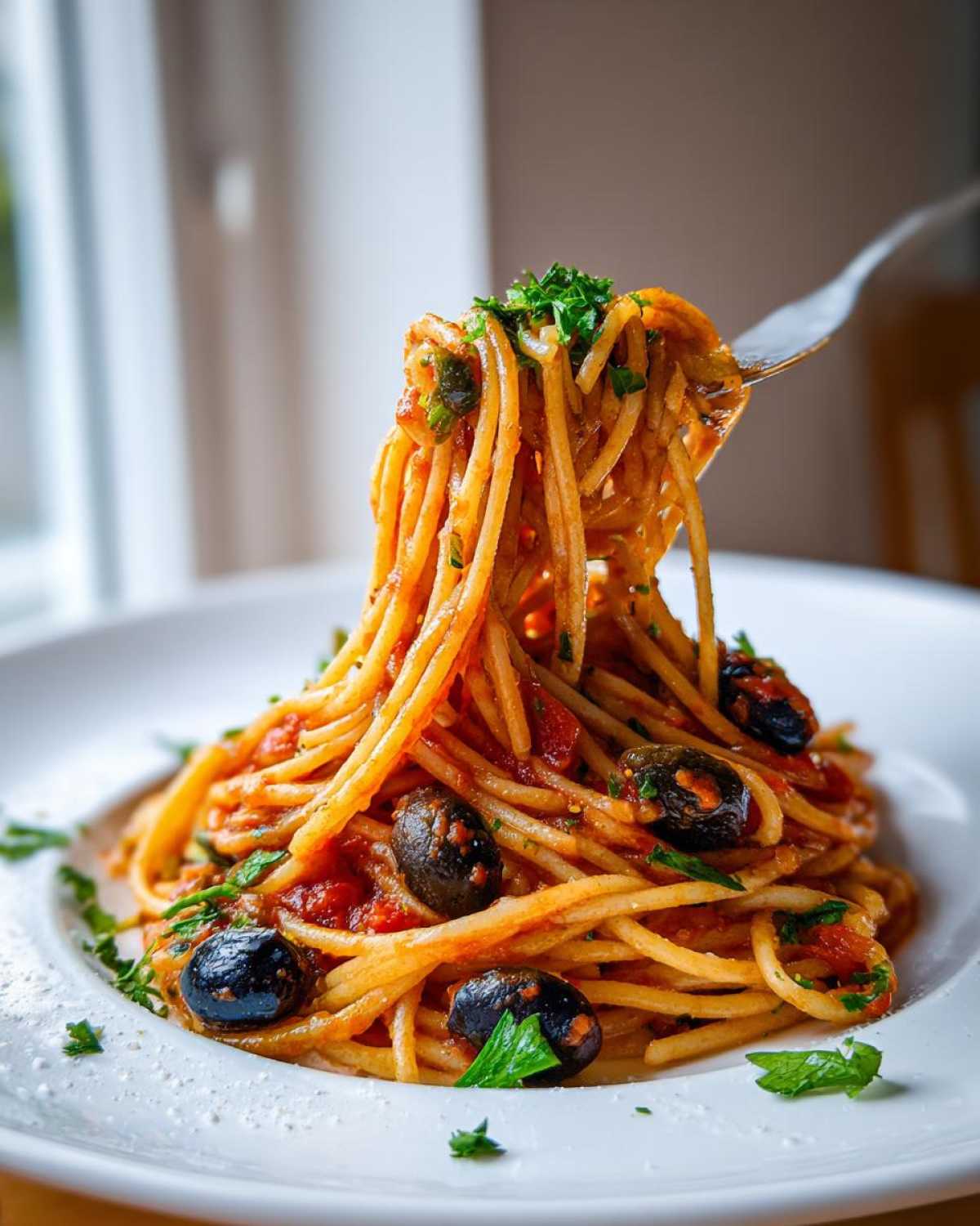 Zbliżenie na porcję spaghetti pasta puttanesca z oliwkami i pietruszką, podnoszoną widelcem.