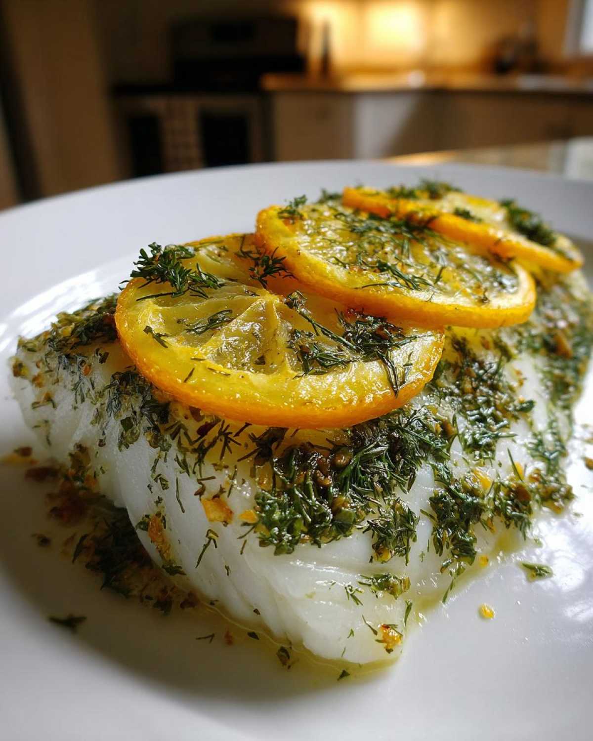 Zbliżenie na kawałek białego, soczystego pieczony dorsz z ziołami i plasterkami cytryny na białym talerzu.