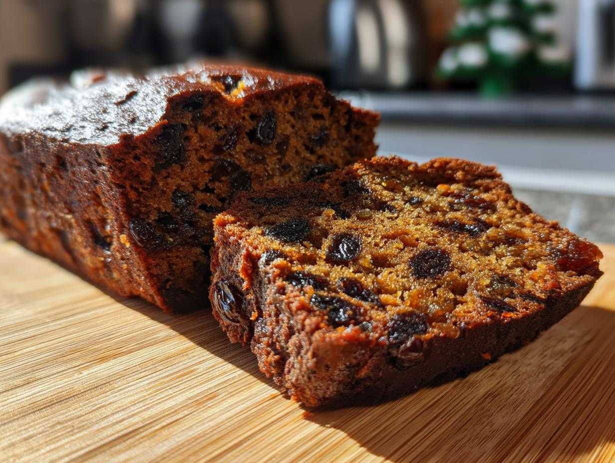 Kawałek piernika staropolskiego dojrzewającego na drewnianej desce, widoczne rodzynki i przyprawy.