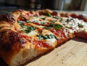Zbliżenie na kawałek idealnie wypieczonej pizzy margherity z ciągnącym serem i bazylią.