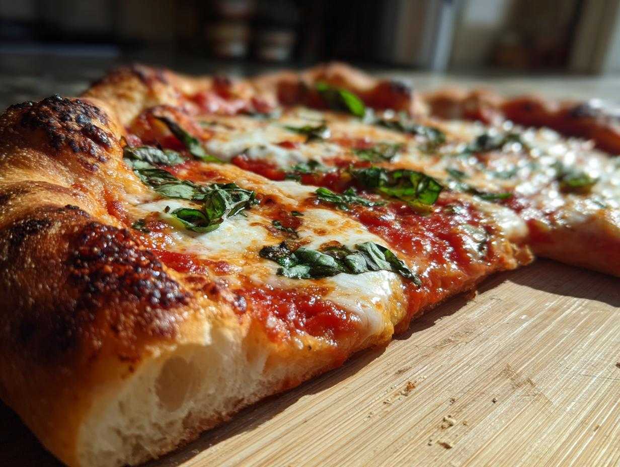 Zbliżenie na kawałek idealnie wypieczonej pizzy margherity z ciągnącym serem i bazylią.