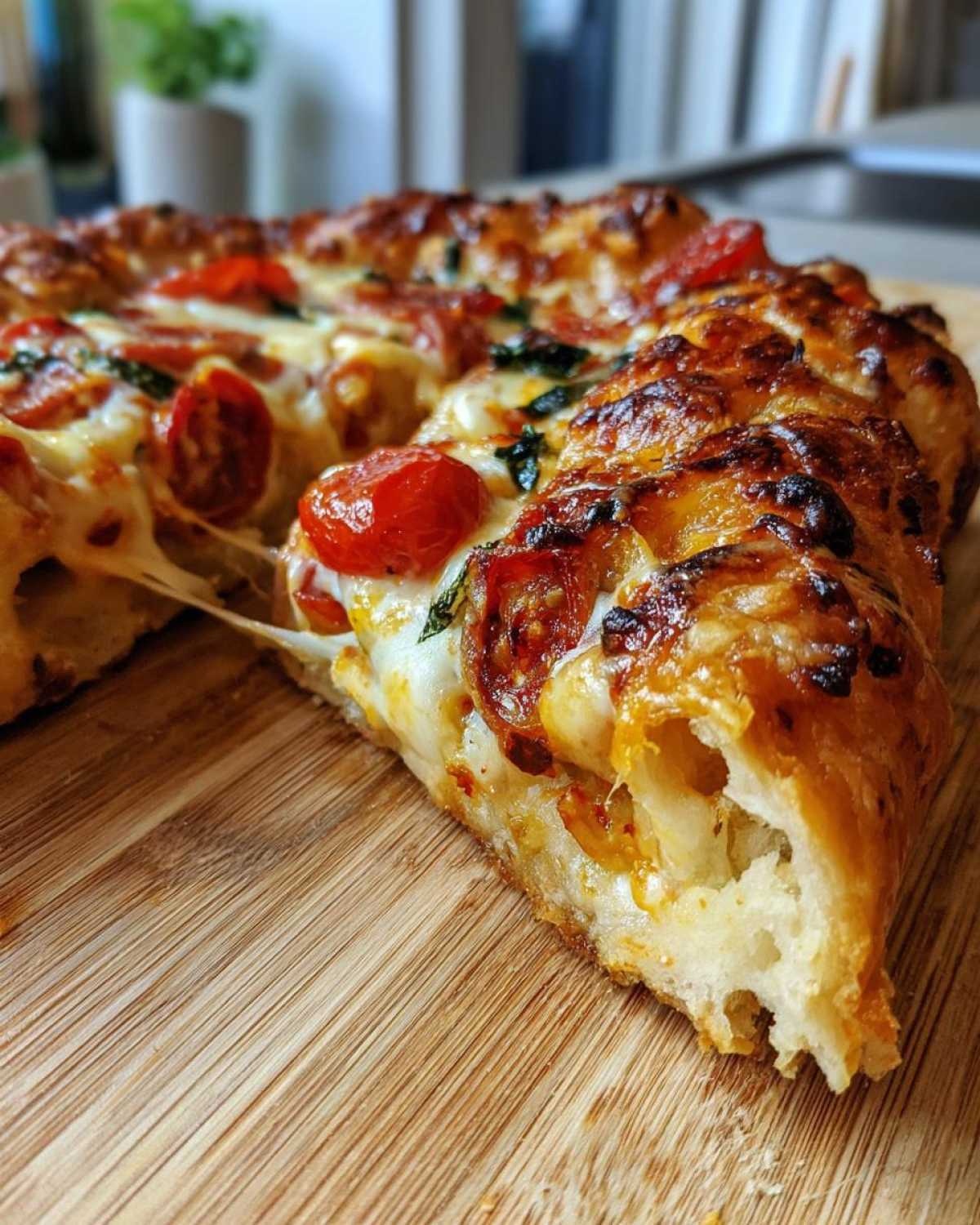 Kawałek pizzerinki z ciasta francuskiego z pomidorkami koktajlowymi i ciągnącym się serem.