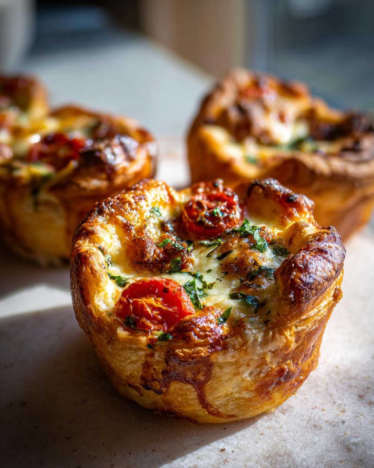 Zbliżenie na pizzerinki z ciasta francuskiego z pomidorkami koktajlowymi, serem i ziołami.