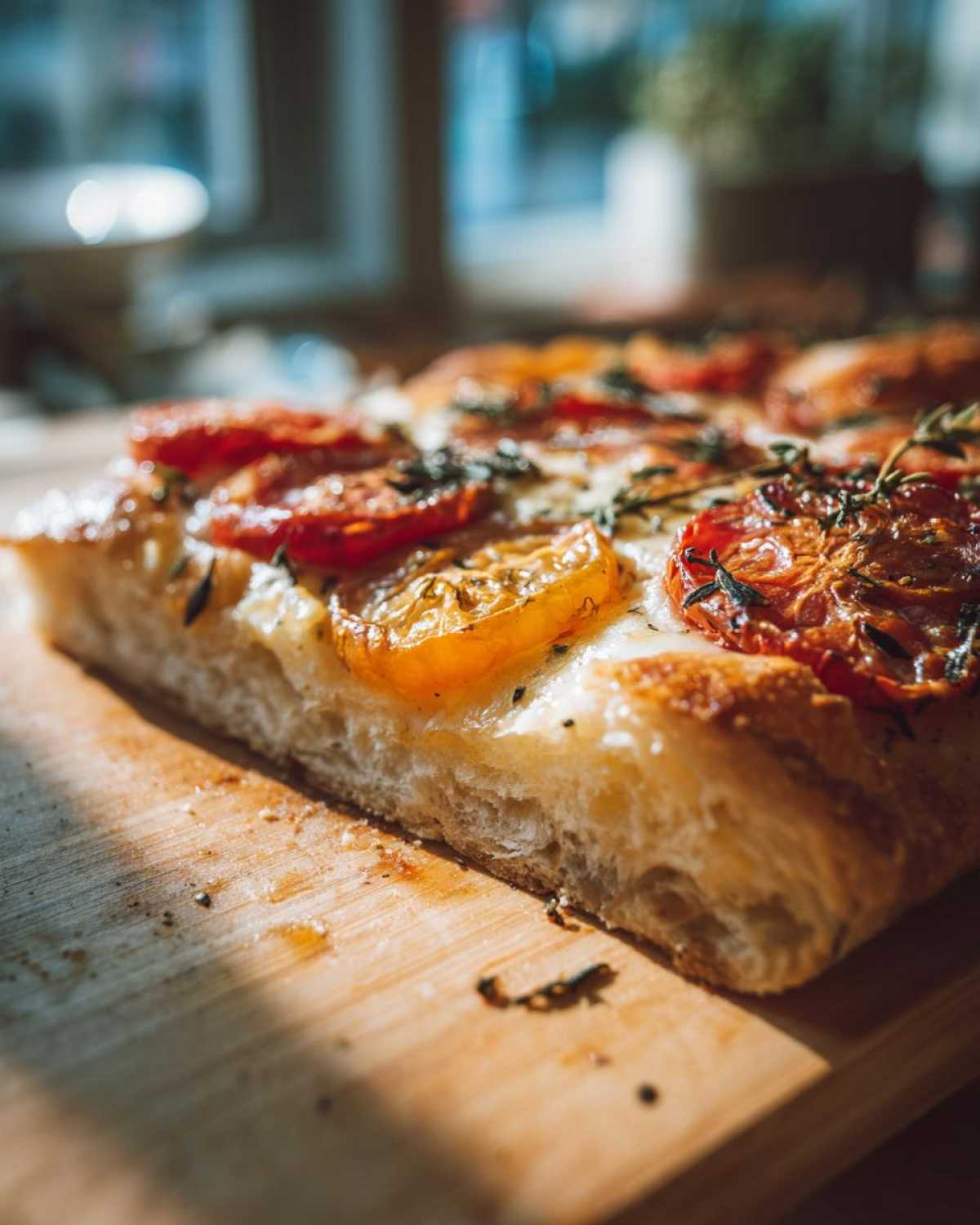 Kawałek pizzerinek z ciasta francuskiego z pomidorami i ziołami na desce.