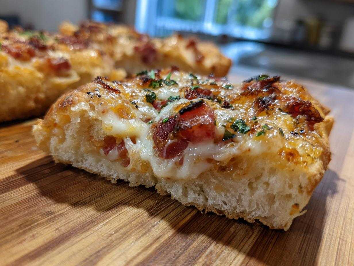 Zbliżenie na przekrojoną pizzerinkę z ciasta francuskiego z serem i boczkiem.