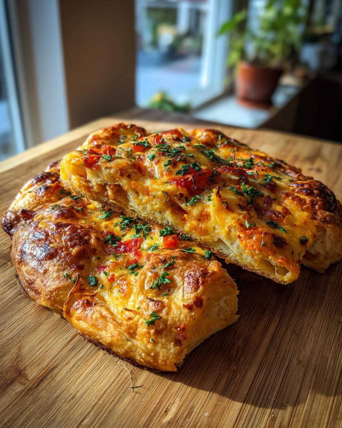 Pizzerinki z ciasta francuskiego z serem i papryką, posypane natką pietruszki, na drewnianej desce.
