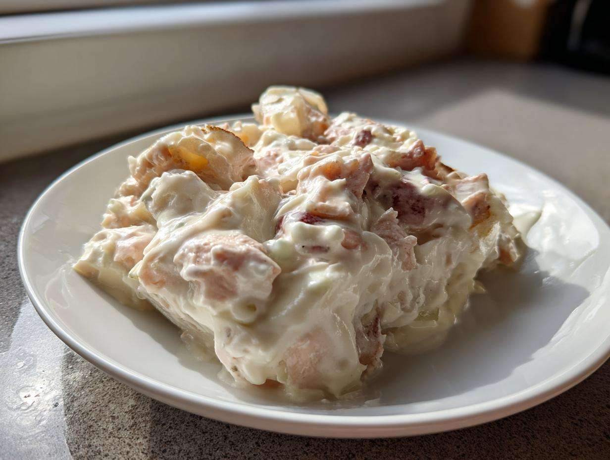 Zbliżenie na porcję śledzia w śmietanie, obficie polanego sosem, podanego na białym talerzu.