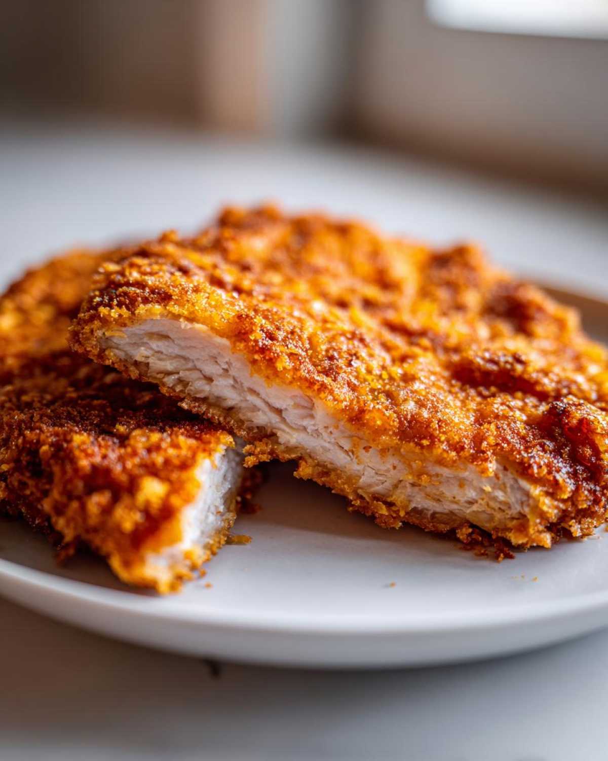 Zbliżenie na przekrojony na pół kotlet schabowy panierowany, ukazujący chrupiącą panierkę i soczyste mięso.