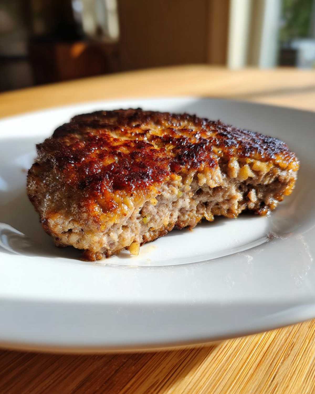 Zbliżenie na przekrojony kotlet mielony z piekarnika, pokazujące soczyste wnętrze i przypieczoną skórkę.