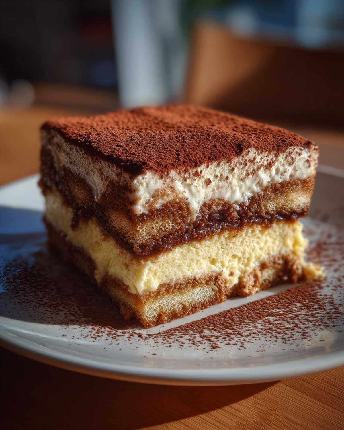 Kawałek pysznego Tiramisu posypany kakao na białym talerzu.