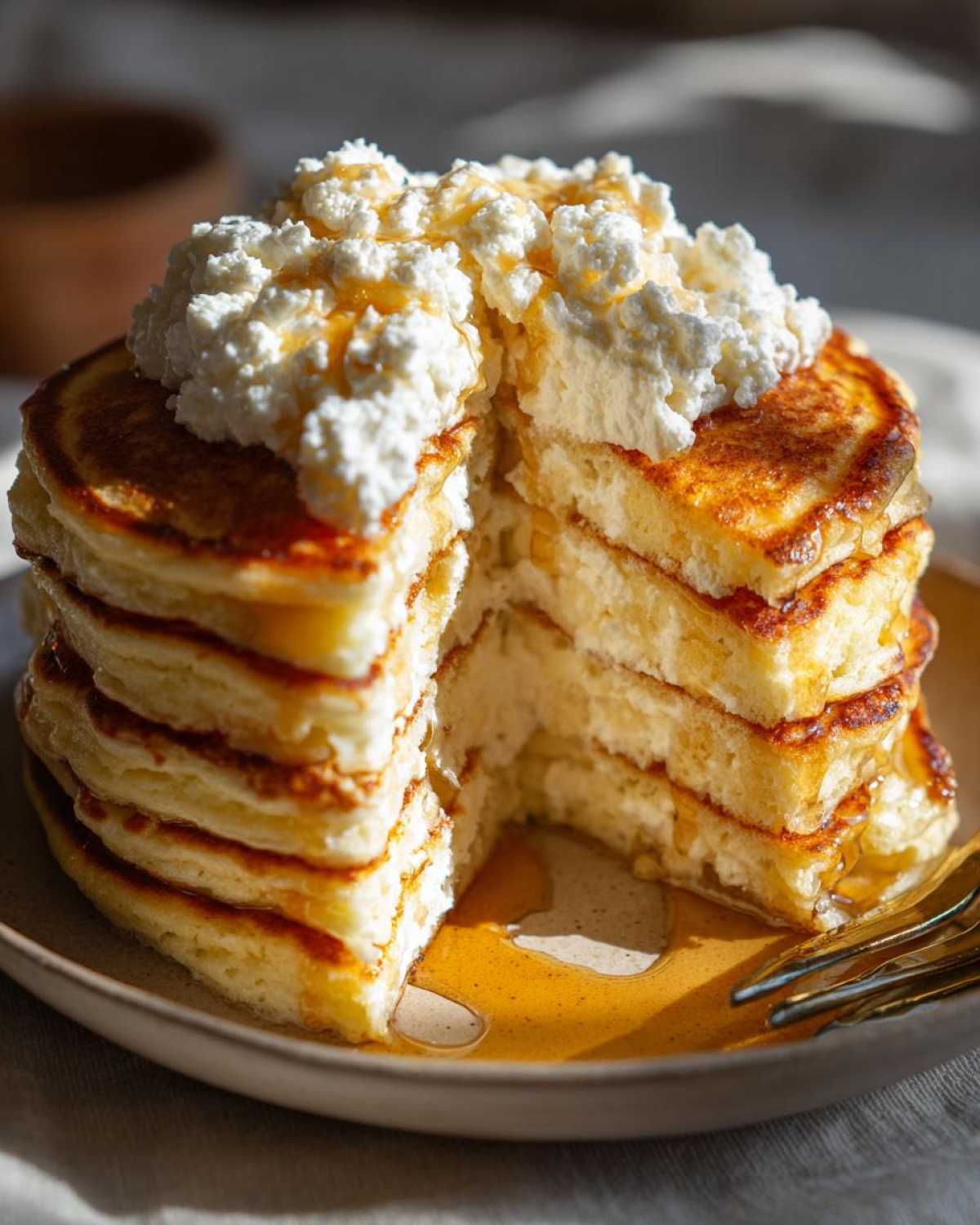 Zbliżenie na stos puszystych pancakes z twarogiem i miodem, z wyciętym kawałkiem.