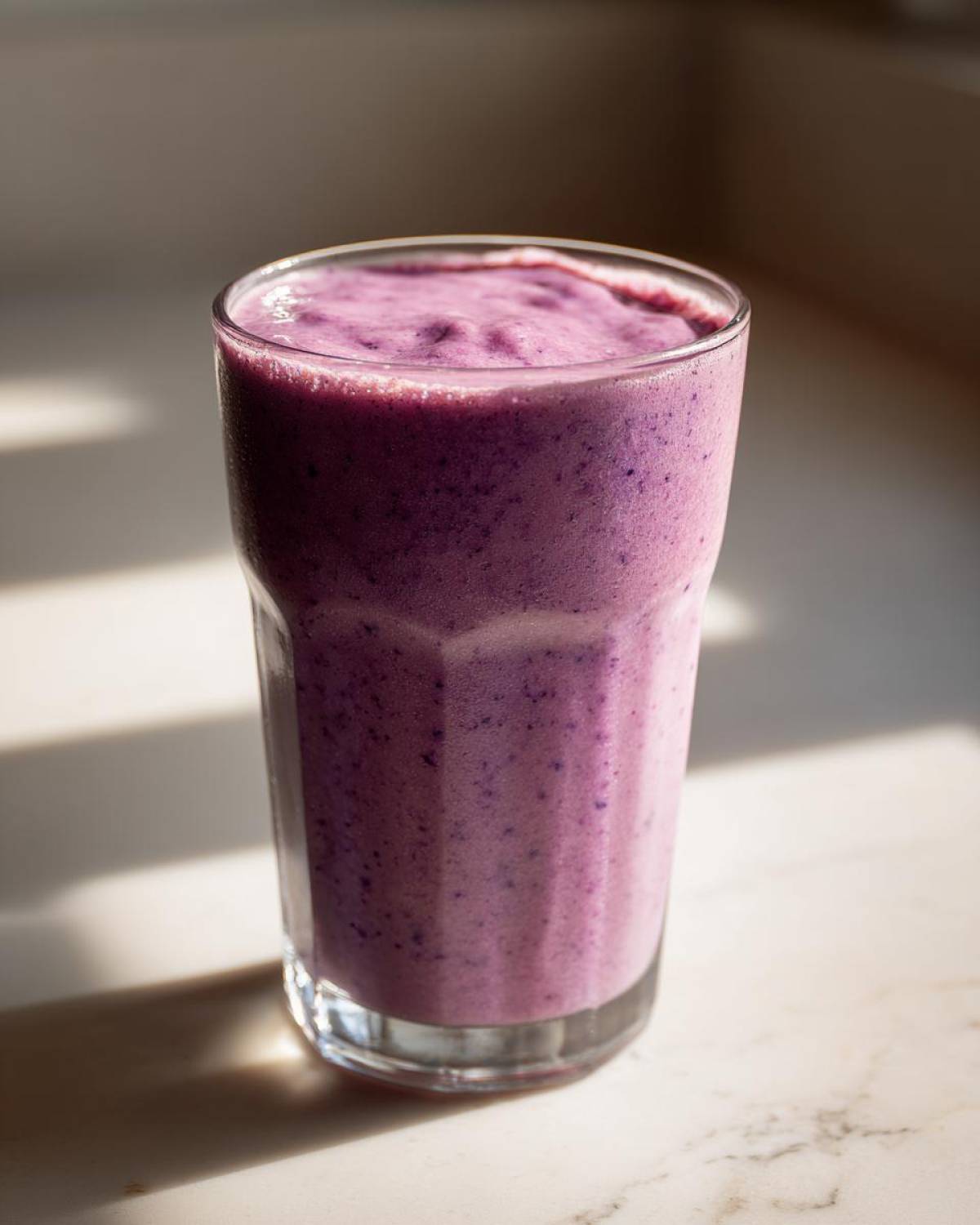 Gęsty, fioletowy shake jagodowy w wysokiej szklance, oświetlony naturalnym światłem słonecznym.
