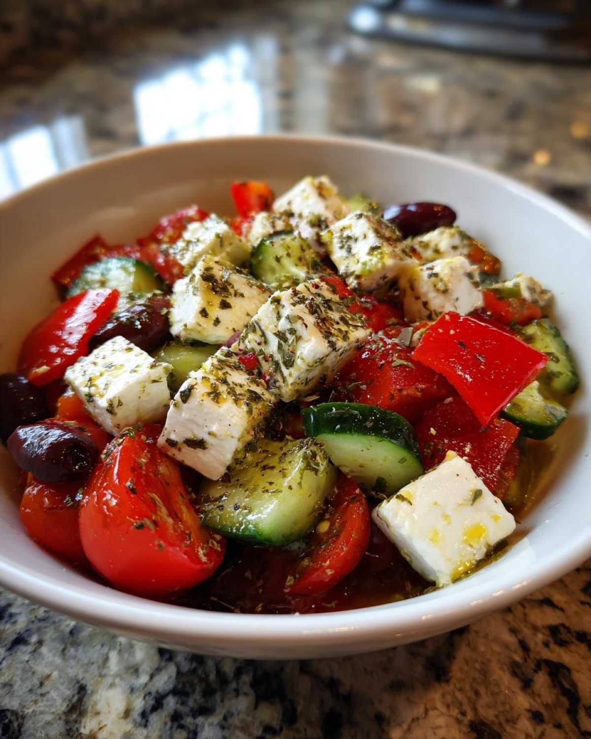 Zbliżenie na miskę pełną świeżej sałatki greckiej z serem feta, pomidorami i ogórkiem.