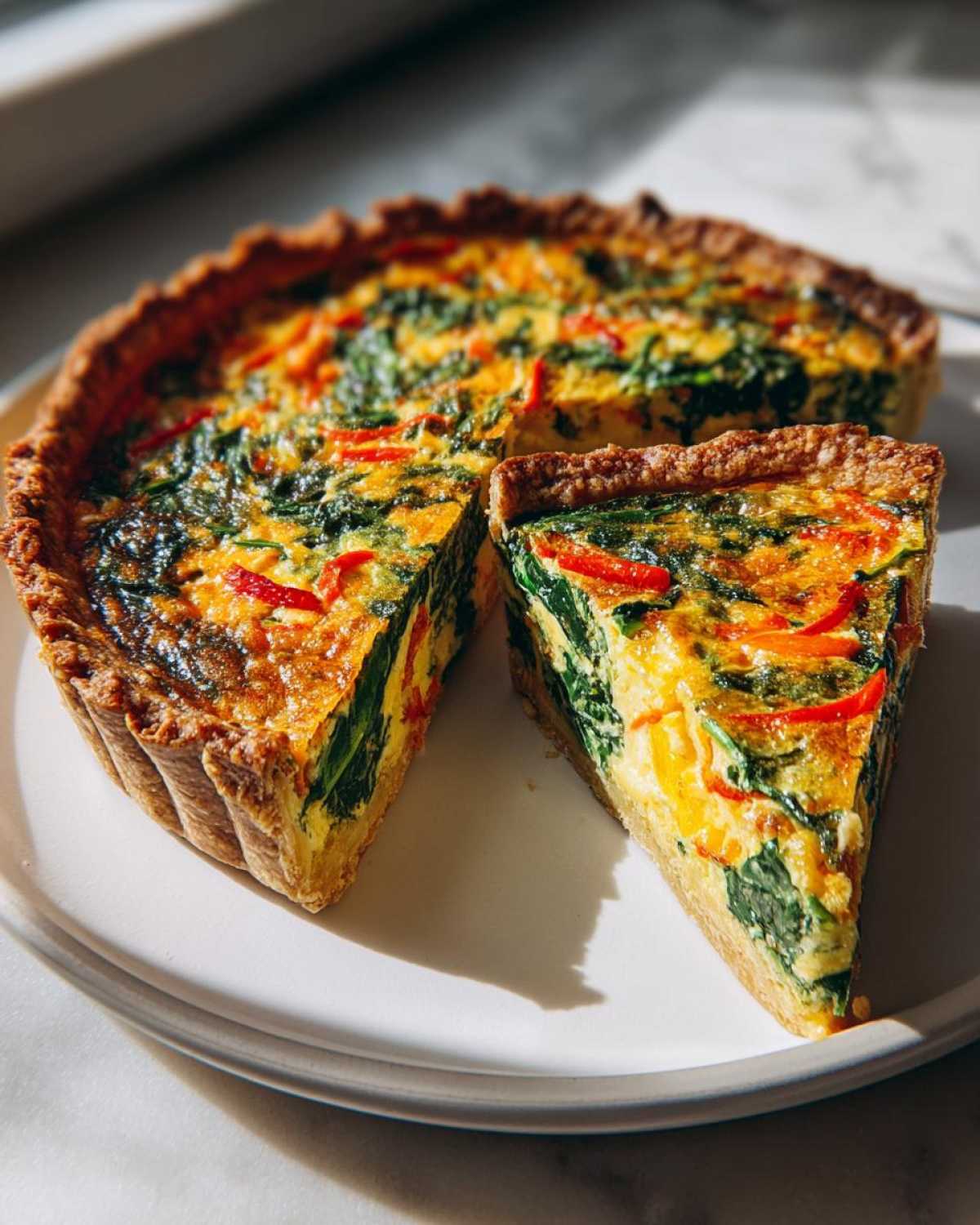 Kawałek i reszta quiche z warzywami ze szpinakiem i papryką na białym talerzu.