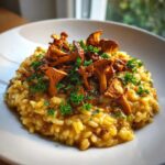 Kremowe risotto z kurek udekorowane świeżymi kurkami i natką pietruszki na białym talerzu.