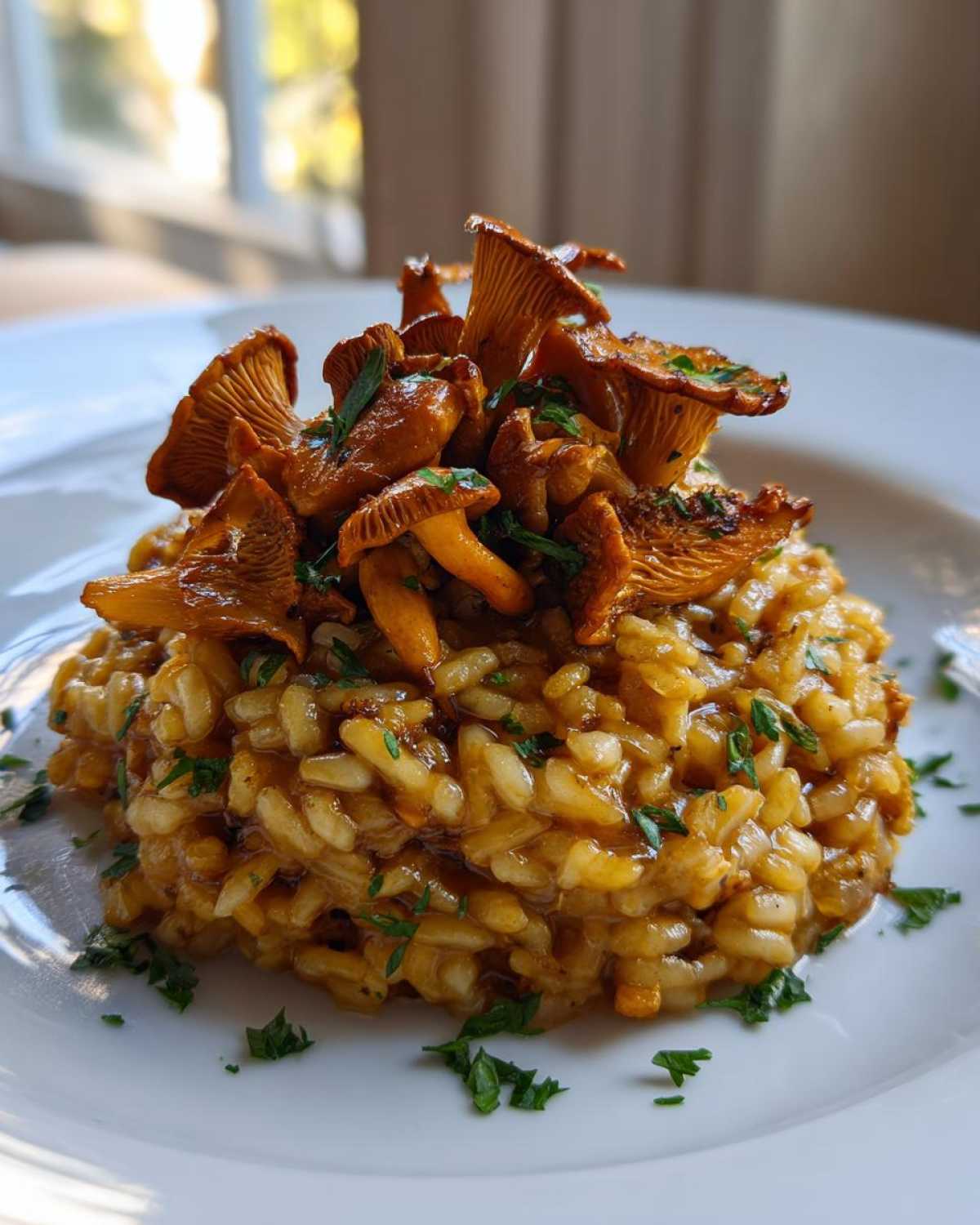Kremowe risotto z kurek udekorowane świeżymi kurkami i posiekaną natką pietruszki.