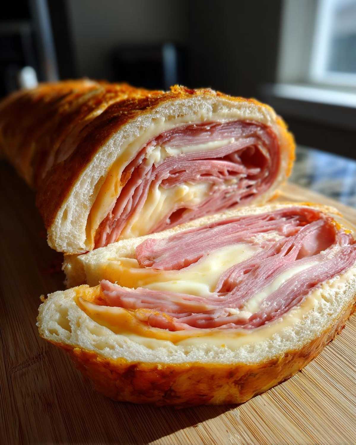 Przekrój rolady serowej z szynką, ukazujący warstwy sera i wędliny zawinięte w ciasto.