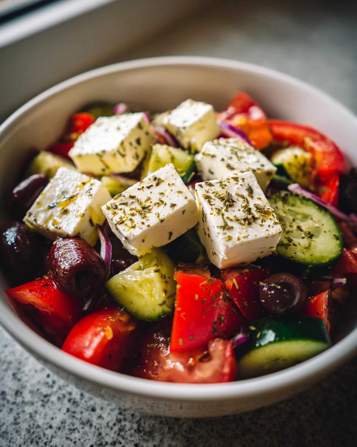 Zbliżenie na miskę pełną sałatki greckiej z serem feta, pomidorami, ogórkiem i oliwkami.