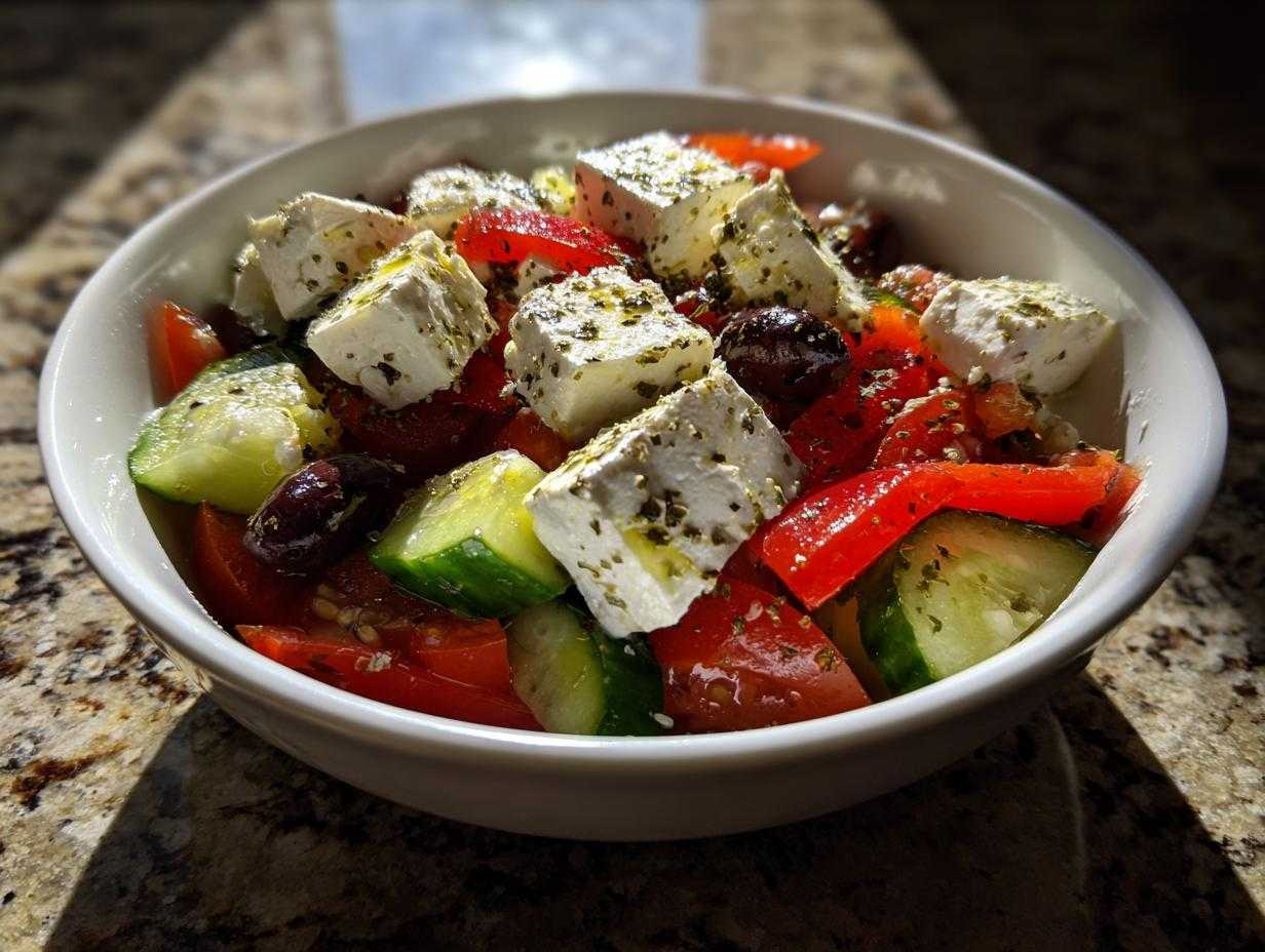 Zbliżenie na miskę świeżej sałatki greckiej z serem feta, pomidorami, ogórkiem i oliwkami.