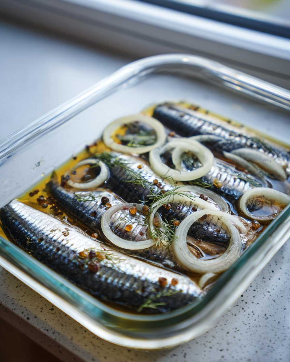 Śledzie w oleju marynowane z cebulą i przyprawami w szklanej misce.