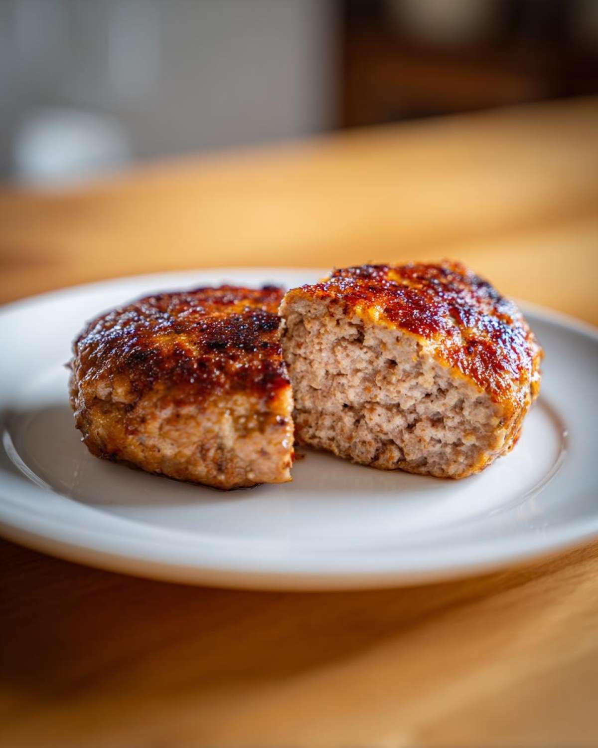 Zbliżenie na soczysty kotlet mielony z piekarnika, przekrojony na pół, ukazujący wilgotne wnętrze.