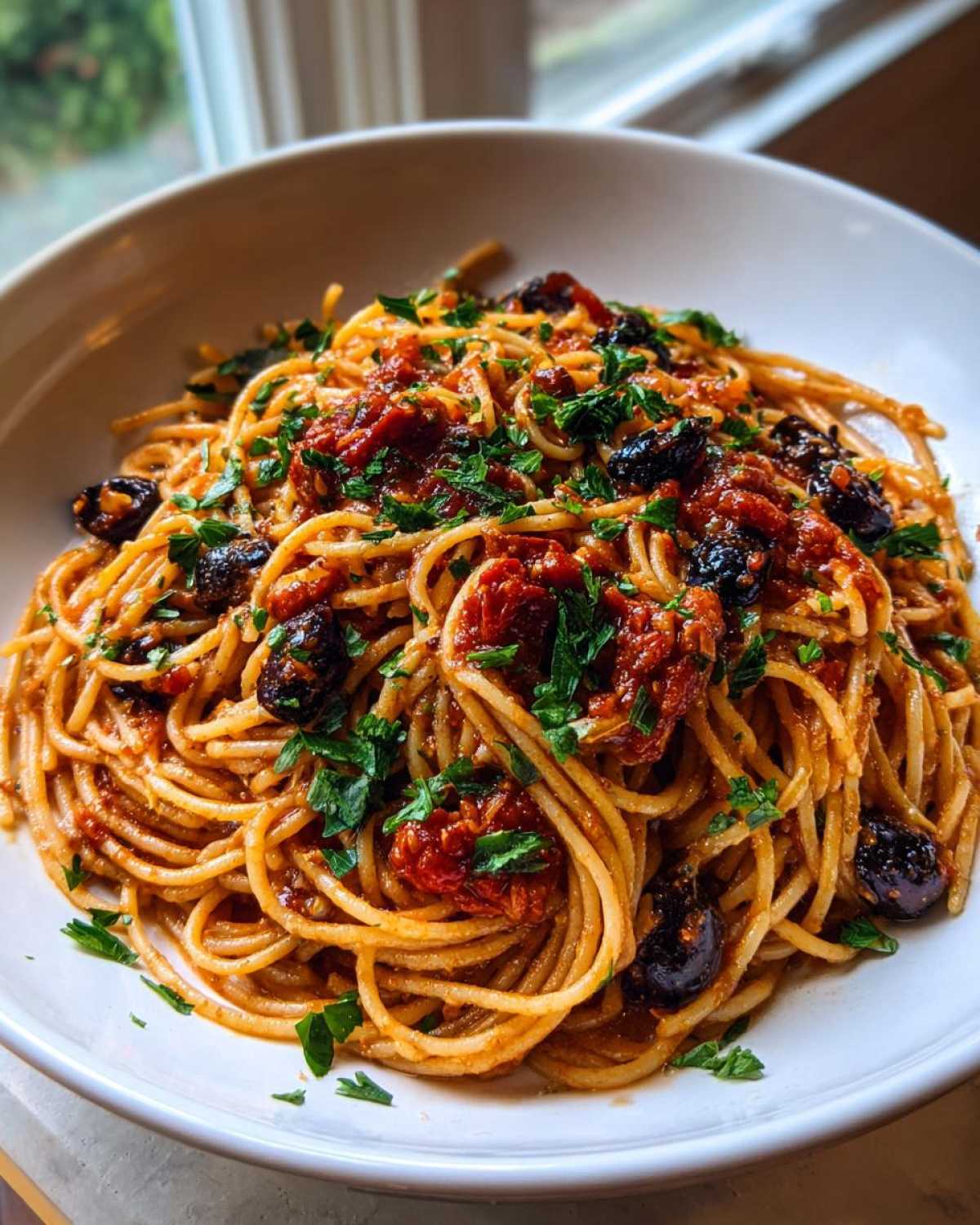 Zbliżenie na miskę pełną spaghetti puttanesca z sosem pomidorowym, czarnymi oliwkami i natką pietruszki.