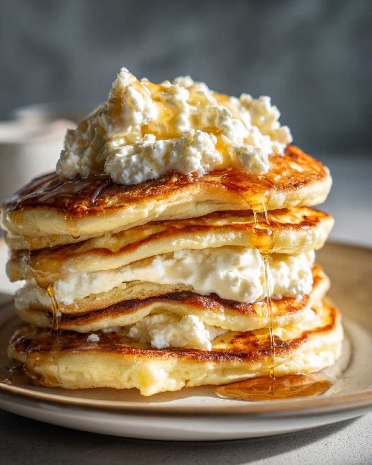 Zbliżenie na stos puszystych pancakes z twarogiem, polanych obficie miodem lub syropem.