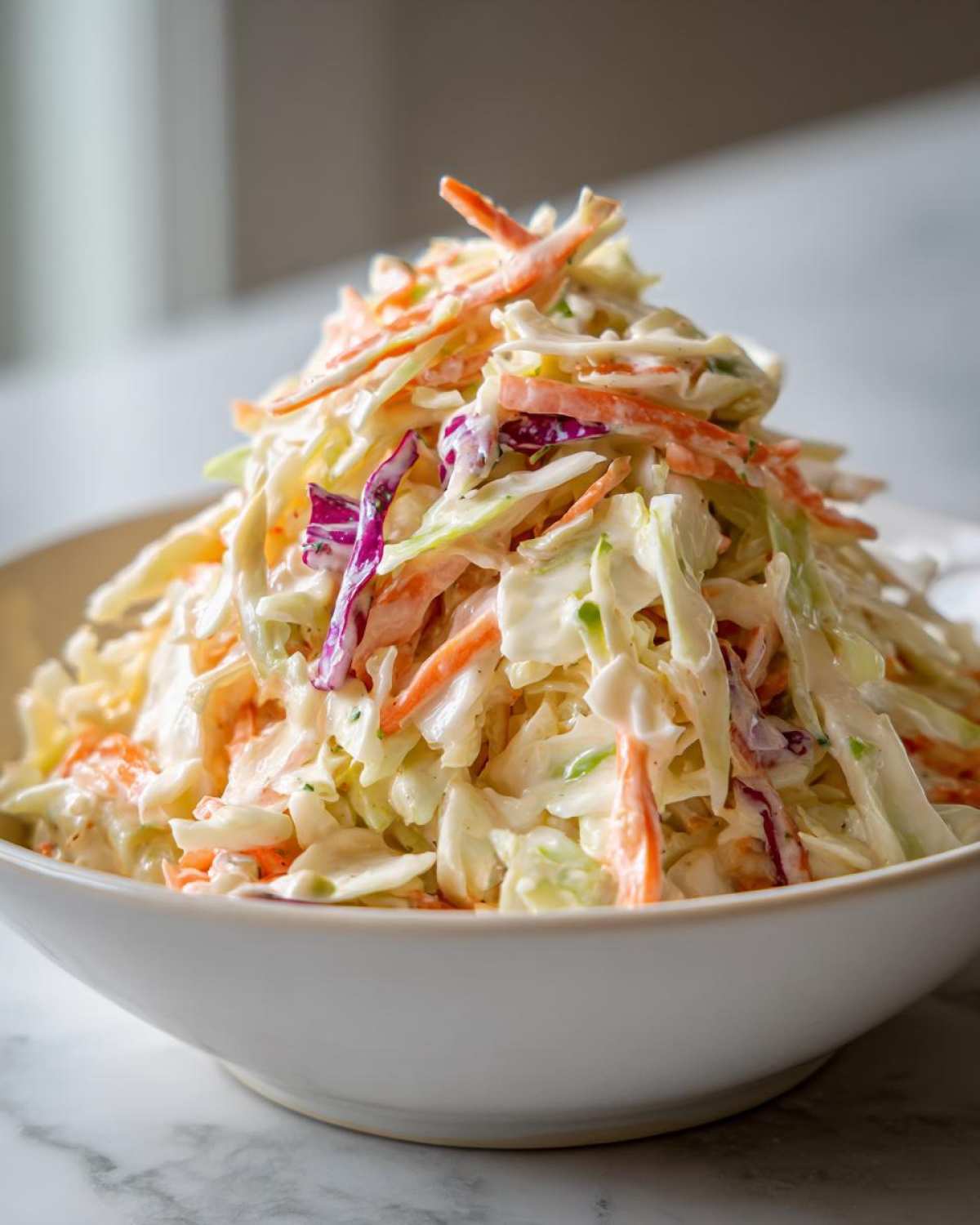 Zbliżenie na miskę pełną kremowej Surówki Coleslaw z poszatkowanej kapusty, marchewki i czerwonej kapusty.