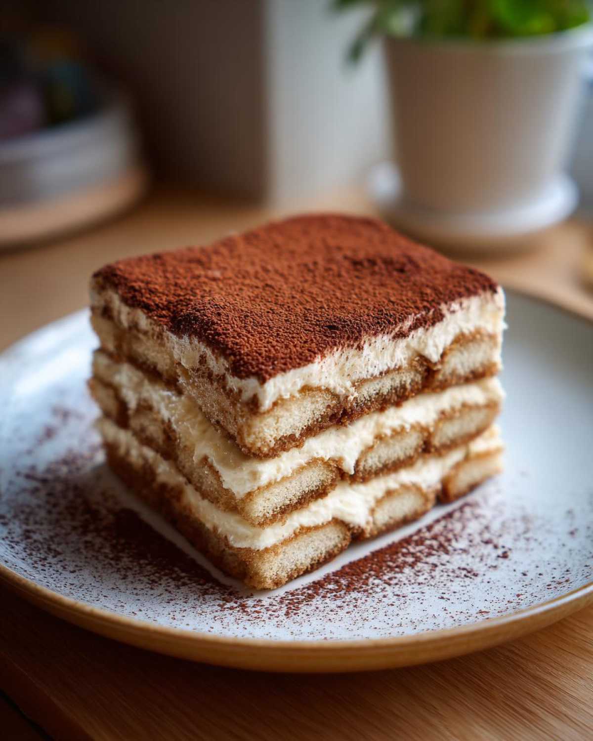 Kawałek pysznego Tiramisu na białym talerzu, posypany kakao.